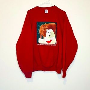 Vintage 90s Mens XL Art Institute Chicago Polar Bear Reindeer Sweatshirt Red USA
